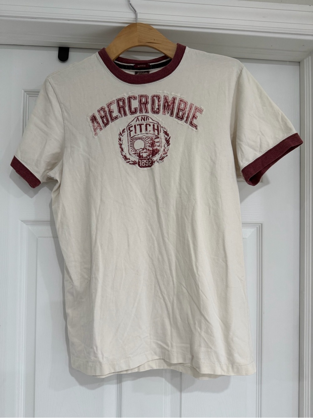 Abercrombie & Fitch Cream Ringer Tee with Maroon Trim